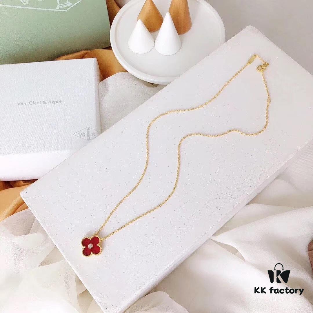 Red Carnelian / White Mother of Pearl / Black Onyx Van Cleef & Arpels Alhambra Clover Necklace, Sterling Silver with Thick Gold Plating