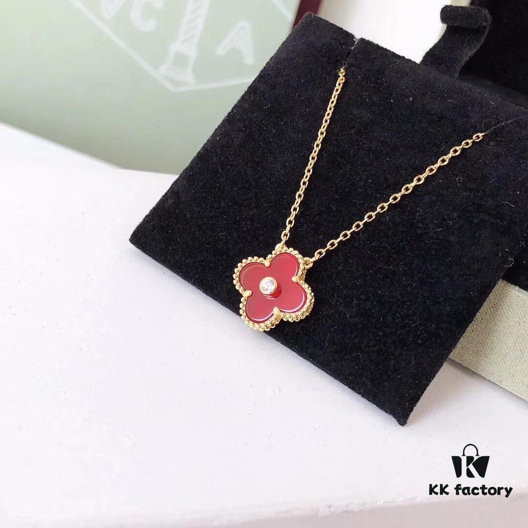 Red Carnelian / White Mother of Pearl / Black Onyx Van Cleef & Arpels Alhambra Clover Necklace, Sterling Silver with Thick Gold Plating