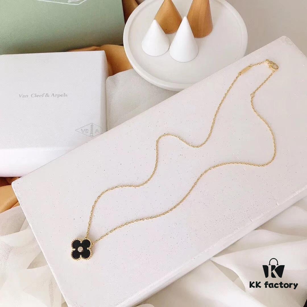 Red Carnelian / White Mother of Pearl / Black Onyx Van Cleef & Arpels Alhambra Clover Necklace, Sterling Silver with Thick Gold Plating