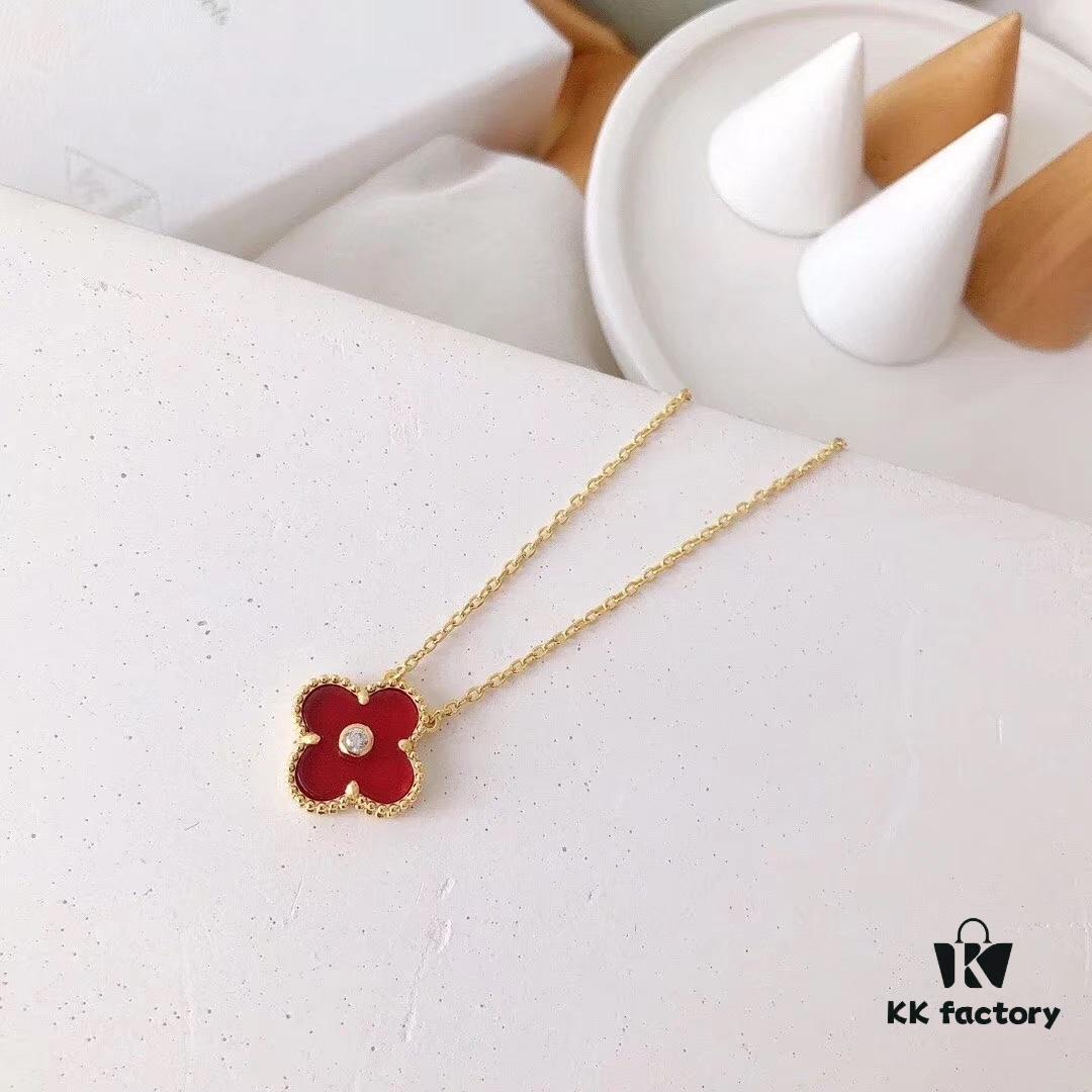 Red Carnelian / White Mother of Pearl / Black Onyx Van Cleef & Arpels Alhambra Clover Necklace, Sterling Silver with Thick Gold Plating