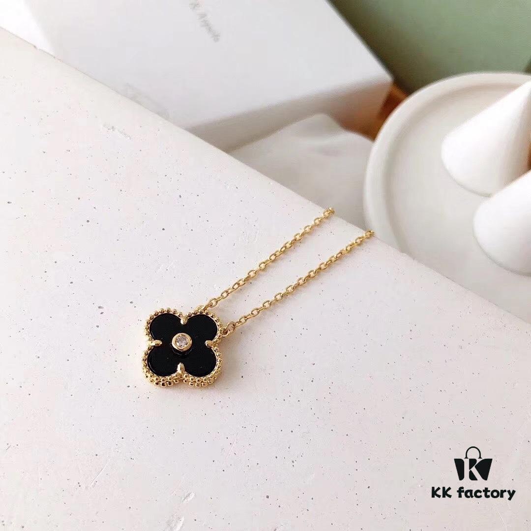 Red Carnelian / White Mother of Pearl / Black Onyx Van Cleef & Arpels Alhambra Clover Necklace, Sterling Silver with Thick Gold Plating