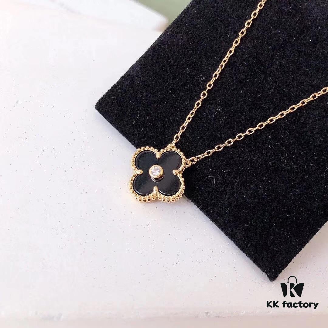 Red Carnelian / White Mother of Pearl / Black Onyx Van Cleef & Arpels Alhambra Clover Necklace, Sterling Silver with Thick Gold Plating