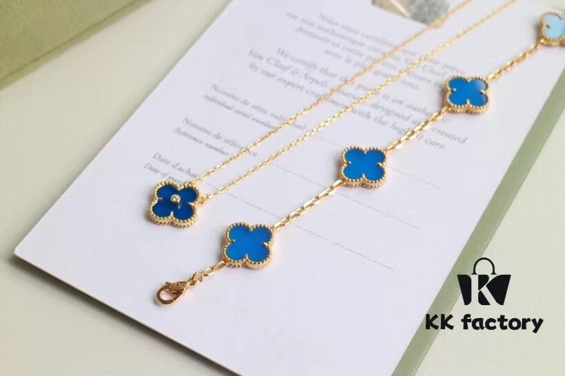 Seiko Version 👼 VCA Limited Edition New Color, Stunning Blue Chalcedony 💙, Retail ~32,000, 925 Silver Gold-Plated Five-Petal Flower Bracelet
