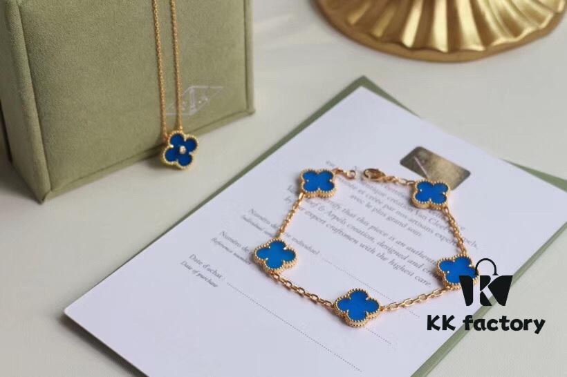 Seiko Version 👼 VCA Limited Edition New Color, Stunning Blue Chalcedony 💙, Retail ~32,000, 925 Silver Gold-Plated Five-Petal Flower Bracelet