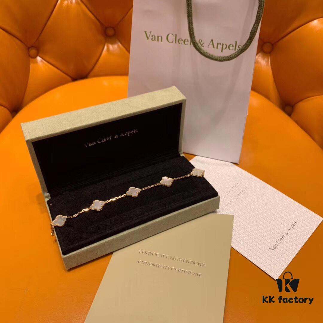 High Version VCA Van Cleef & Arpels Black Onyx Alhambra Five-Leaf Bracelet in Imported Sterling Silver with 18K Gold Plating