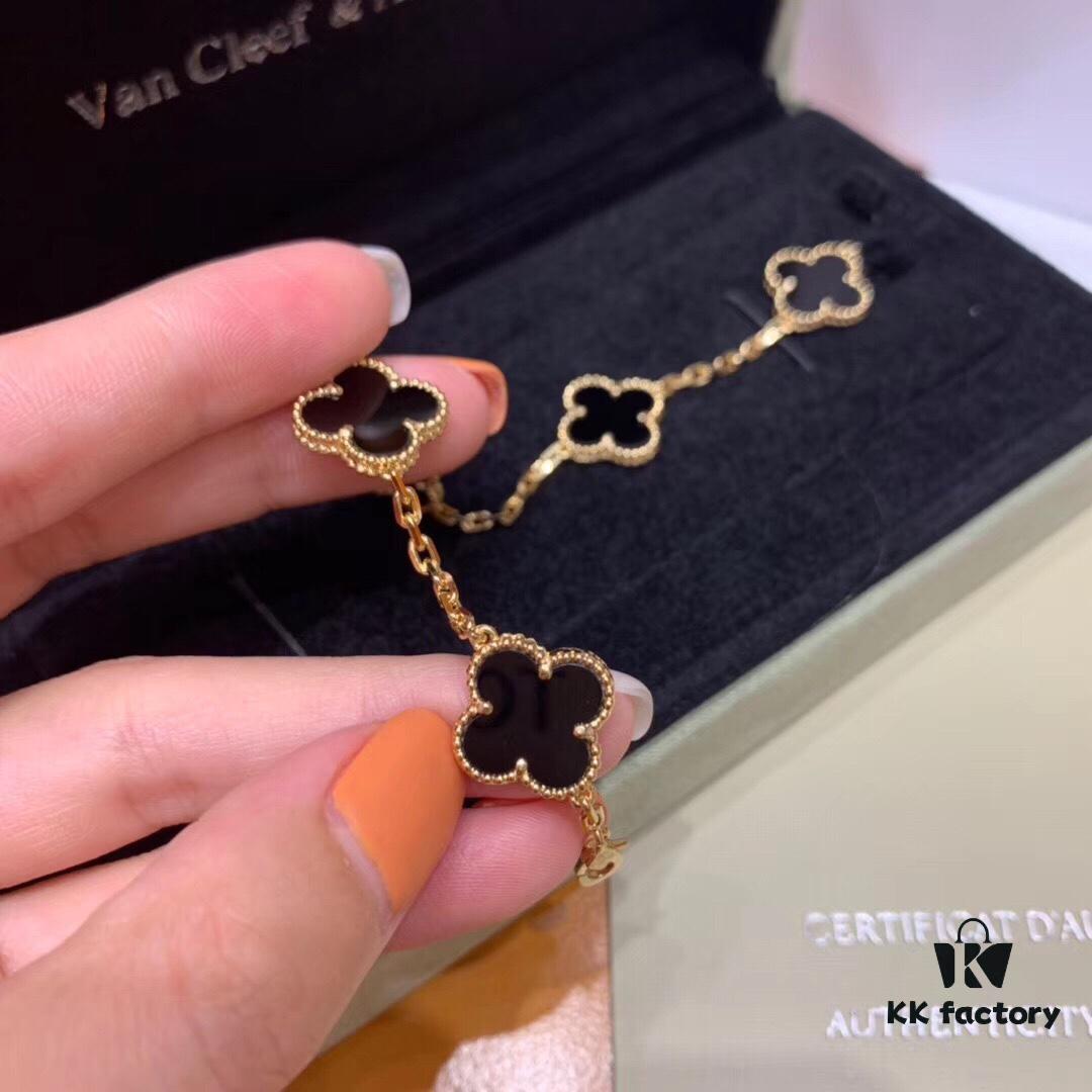 High Version VCA Van Cleef & Arpels Black Onyx Alhambra Five-Leaf Bracelet in Imported Sterling Silver with 18K Gold Plating