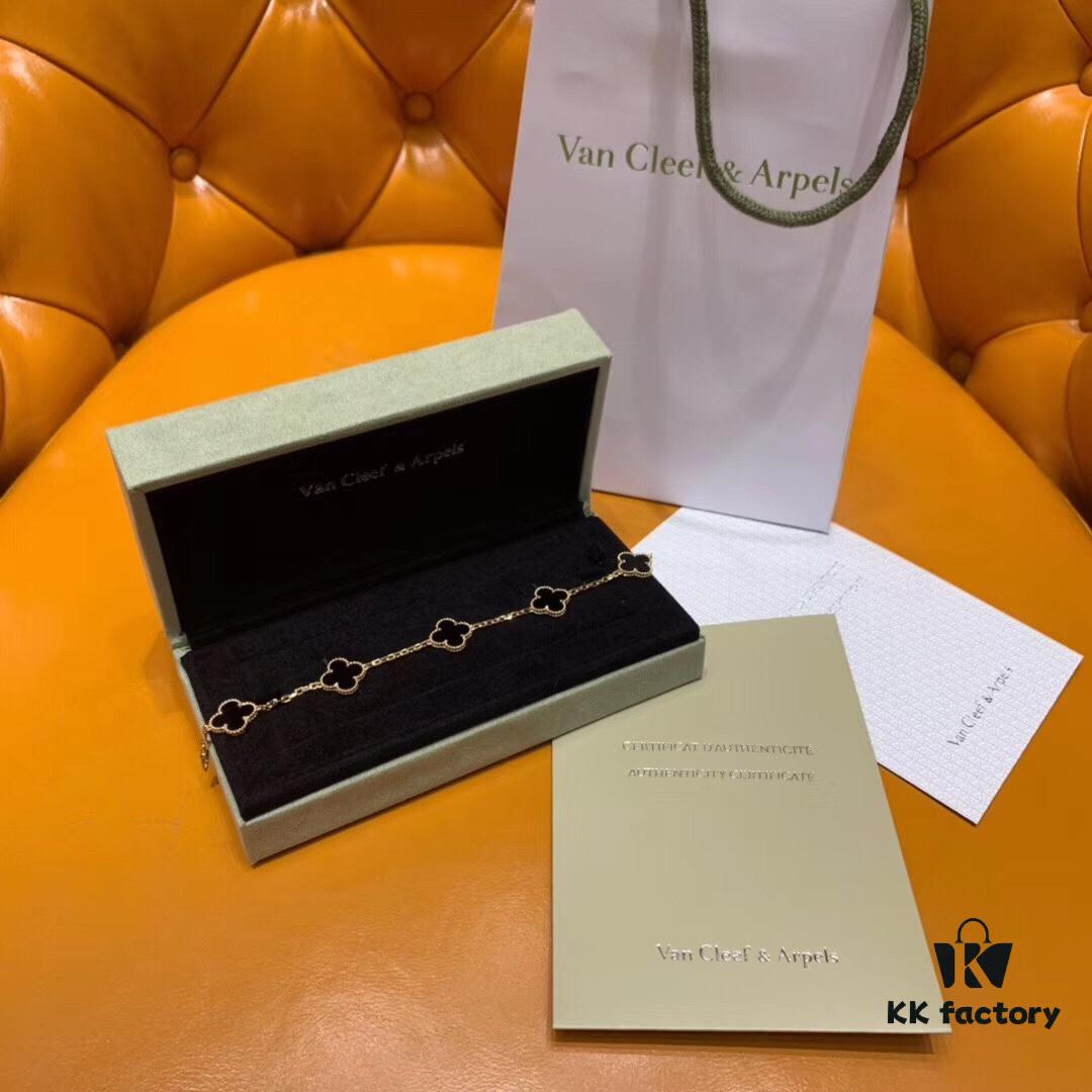 High Version VCA Van Cleef & Arpels Black Onyx Alhambra Five-Leaf Bracelet in Imported Sterling Silver with 18K Gold Plating