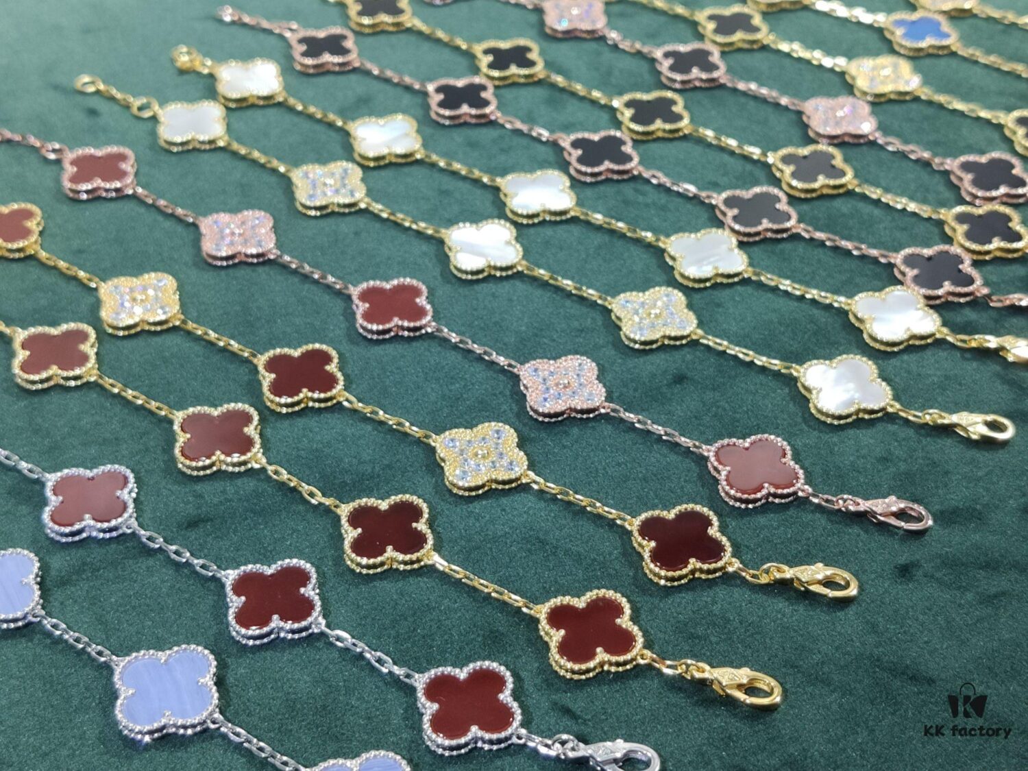 Van Cleef & Arpels VCA Five-Flower Bracelet, Authentic Design! The four-leaf mother-of-pearl motif features smooth, elegant lines with hand-polished small beads for a full, three-dimensional appearance. Custom lobster clasp with exclusive anti-counterfeit code—each bracelet carries a unique identification number, ensuring authenticity. Hand-engraved chain links, each with four faceted surfaces, showcase impeccable craftsmanship and refined elegance. Beautiful when worn alone or layered.