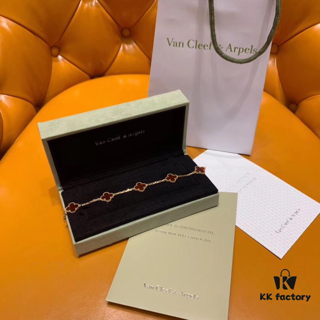 High Version VCA Van Cleef & Arpels Black Onyx Alhambra Five-Leaf Bracelet in Imported Sterling Silver with 18K Gold Plating