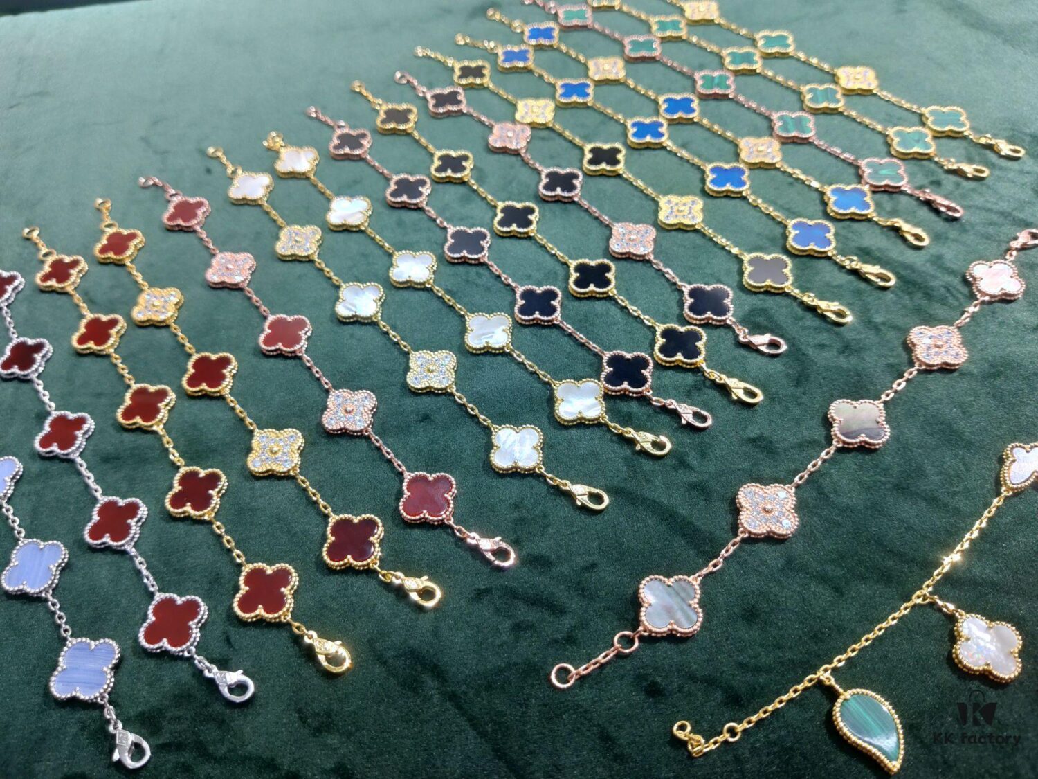 Van Cleef & Arpels VCA Five-Flower Bracelet, Authentic Design! The four-leaf mother-of-pearl motif features smooth, elegant lines with hand-polished small beads for a full, three-dimensional appearance. Custom lobster clasp with exclusive anti-counterfeit code—each bracelet carries a unique identification number, ensuring authenticity. Hand-engraved chain links, each with four faceted surfaces, showcase impeccable craftsmanship and refined elegance. Beautiful when worn alone or layered.