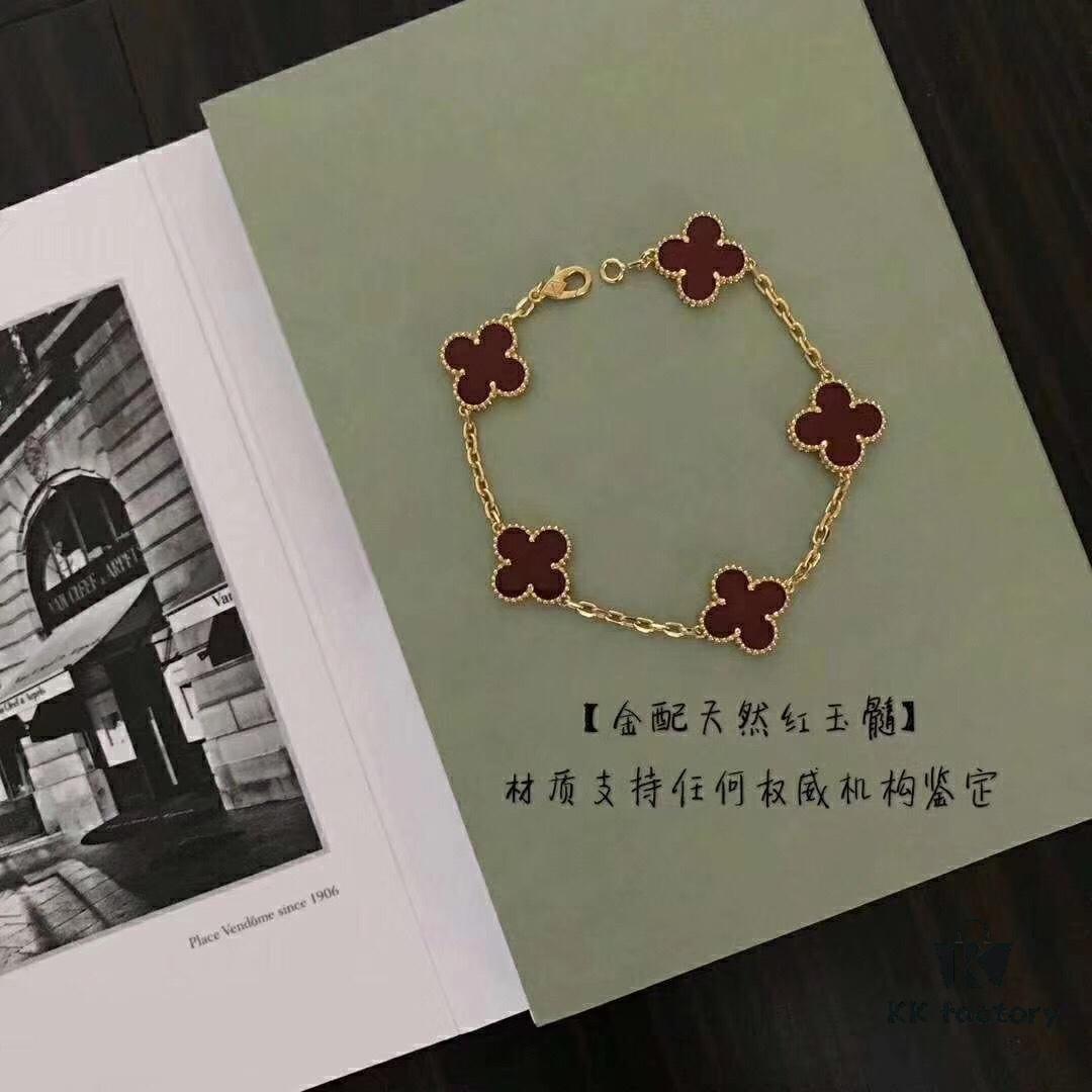 High-Version VCA Van Cleef & Arpels Black Onyx Four-Leaf Clover Five-Petal Bracelet, 18K Gold Plated on Imported Sterling Silver, Brilliant Diamonds, Elegant Rhombus Clasp