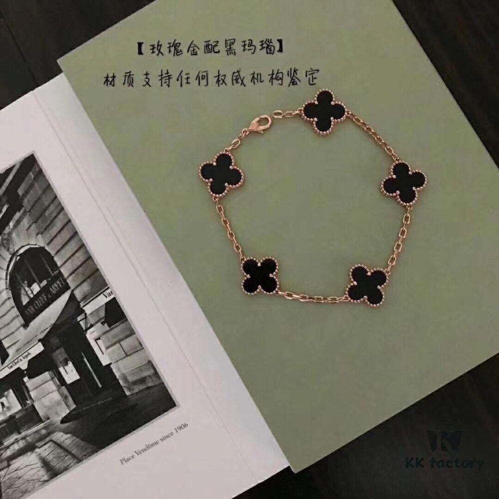 High-Version VCA Van Cleef & Arpels Black Onyx Four-Leaf Clover Five-Petal Bracelet, 18K Gold Plated on Imported Sterling Silver, Brilliant Diamonds, Elegant Rhombus Clasp