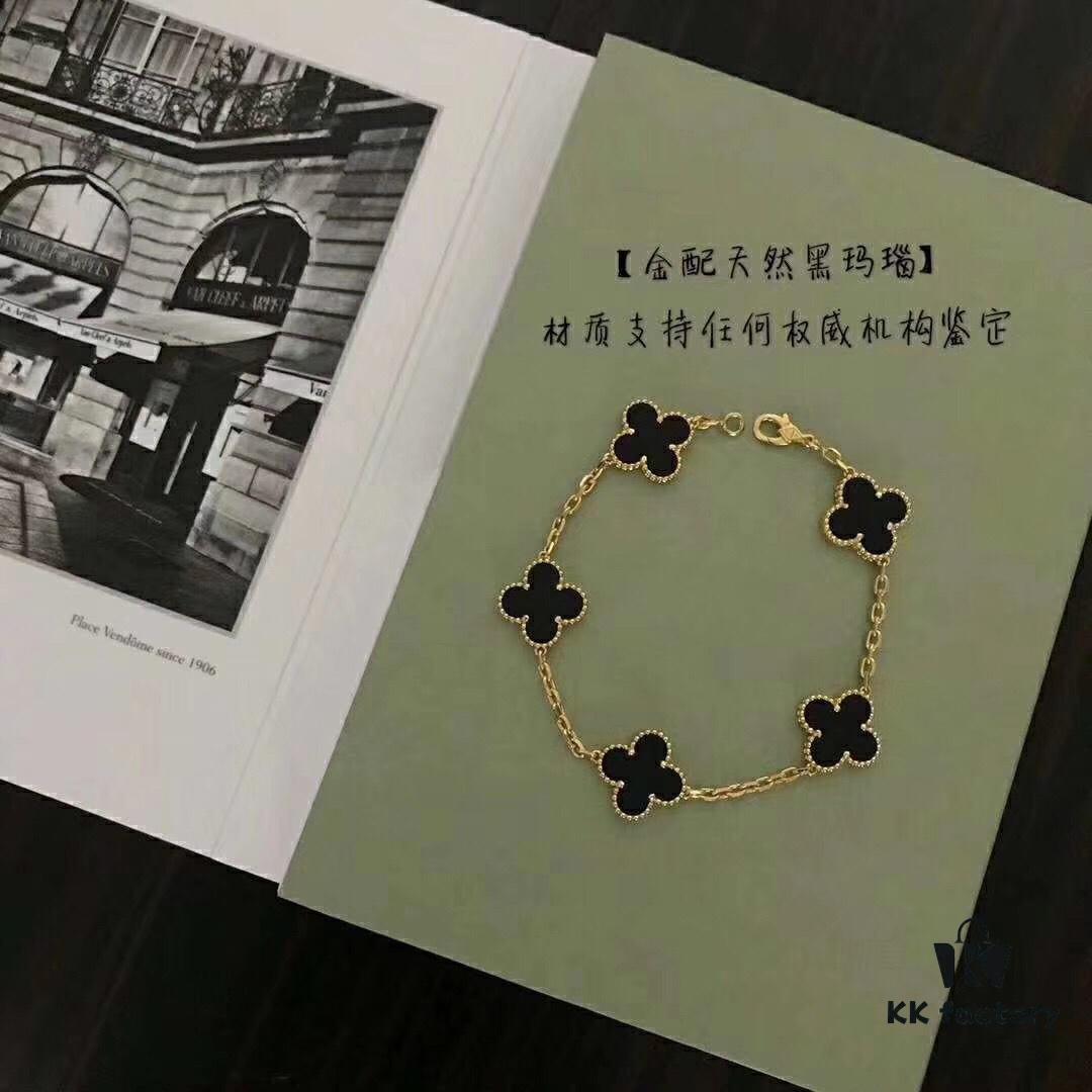 High-Version VCA Van Cleef & Arpels Black Onyx Four-Leaf Clover Five-Petal Bracelet, 18K Gold Plated on Imported Sterling Silver, Brilliant Diamonds, Elegant Rhombus Clasp