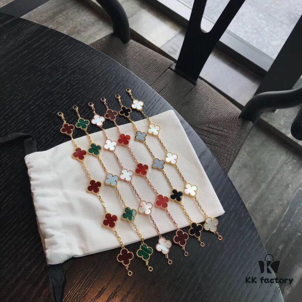 VCA Red Carnelian / White Mother of Pearl / Black Onyx # Malachite # Sterling Silver Super Version Four-Leaf Clover 5-Flower Bracelet, In Stock Ready to Ship