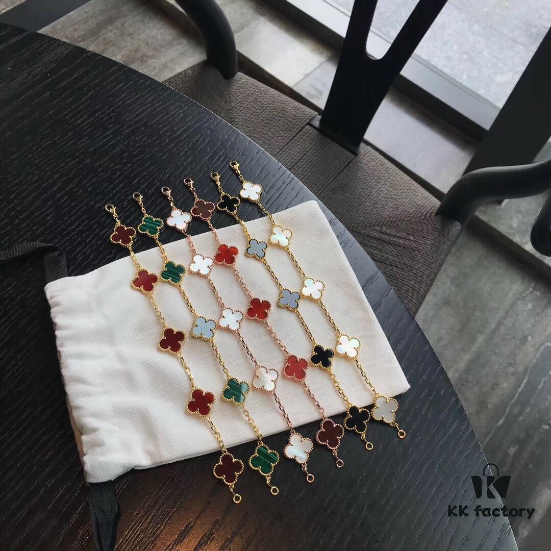 VCA Red Carnelian / White Mother of Pearl / Black Onyx # Malachite # Sterling Silver Super Version Four-Leaf Clover 5-Flower Bracelet, In Stock Ready to Ship