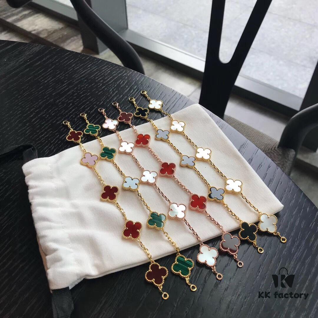 VCA Red Carnelian / White Mother of Pearl / Black Onyx # Malachite # Sterling Silver Super Version Four-Leaf Clover 5-Flower Bracelet, In Stock Ready to Ship