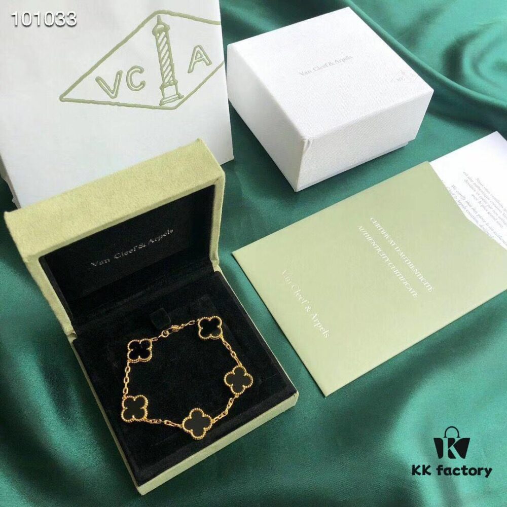 Van Cleef & Arpels VCA Four-Leaf Clover Five-Petal Bracelet, 925 Silver Plated with 18K Gold, Mother of Pearl and Black Onyx, Authentic Packaging