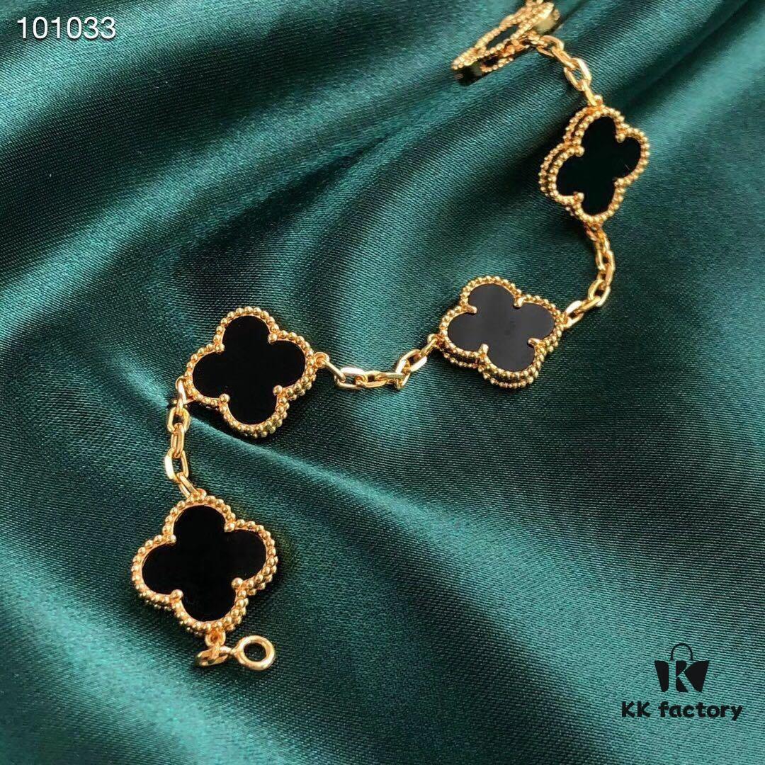 Van Cleef & Arpels VCA Four-Leaf Clover Five-Petal Bracelet, 925 Silver Plated with 18K Gold, Mother of Pearl and Black Onyx, Authentic Packaging