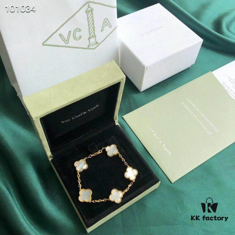 Van Cleef & Arpels VCA Four-Leaf Clover Five-Petal Bracelet, Highest Quality, Authentic Purchased Level! 925 Silver Plated with 18K Gold, Genuine Vacuum-Plated 18K Gold, Natural Mother-of-Pearl Inlay, Seamless Setting, Rhombus Clasp, Chain Length 16+1.5+1.5cm, Black Onyx, Red Agate, White Mother-of-Pearl, Complete K-Gold Style Packaging