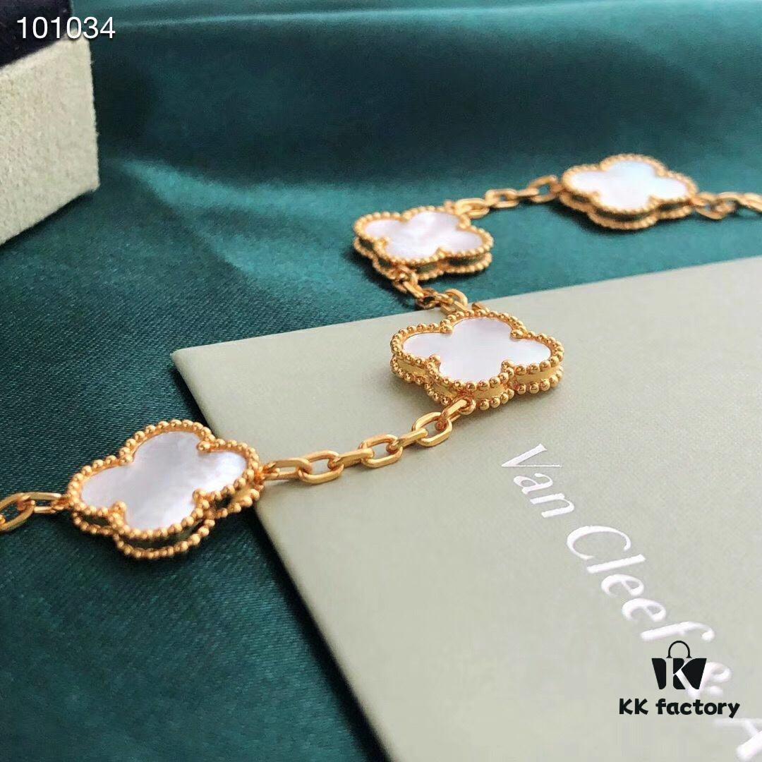 Van Cleef & Arpels VCA Four-Leaf Clover Five-Petal Bracelet, Highest Quality, Authentic Purchased Level! 925 Silver Plated with 18K Gold, Genuine Vacuum-Plated 18K Gold, Natural Mother-of-Pearl Inlay, Seamless Setting, Rhombus Clasp, Chain Length 16+1.5+1.5cm, Black Onyx, Red Agate, White Mother-of-Pearl, Complete K-Gold Style Packaging