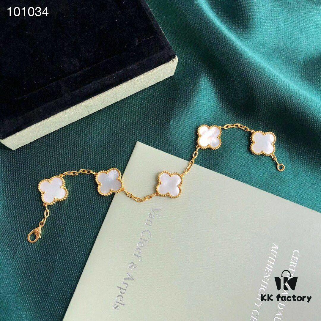 Van Cleef & Arpels VCA Four-Leaf Clover Five-Petal Bracelet, Highest Quality, Authentic Purchased Level! 925 Silver Plated with 18K Gold, Genuine Vacuum-Plated 18K Gold, Natural Mother-of-Pearl Inlay, Seamless Setting, Rhombus Clasp, Chain Length 16+1.5+1.5cm, Black Onyx, Red Agate, White Mother-of-Pearl, Complete K-Gold Style Packaging