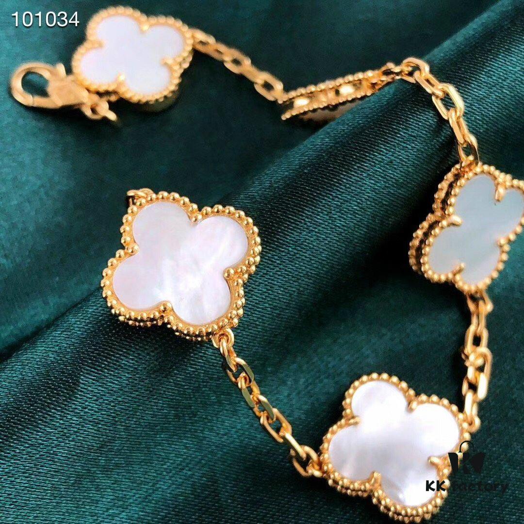 Van Cleef & Arpels VCA Four-Leaf Clover Five-Petal Bracelet, Highest Quality, Authentic Purchased Level! 925 Silver Plated with 18K Gold, Genuine Vacuum-Plated 18K Gold, Natural Mother-of-Pearl Inlay, Seamless Setting, Rhombus Clasp, Chain Length 16+1.5+1.5cm, Black Onyx, Red Agate, White Mother-of-Pearl, Complete K-Gold Style Packaging