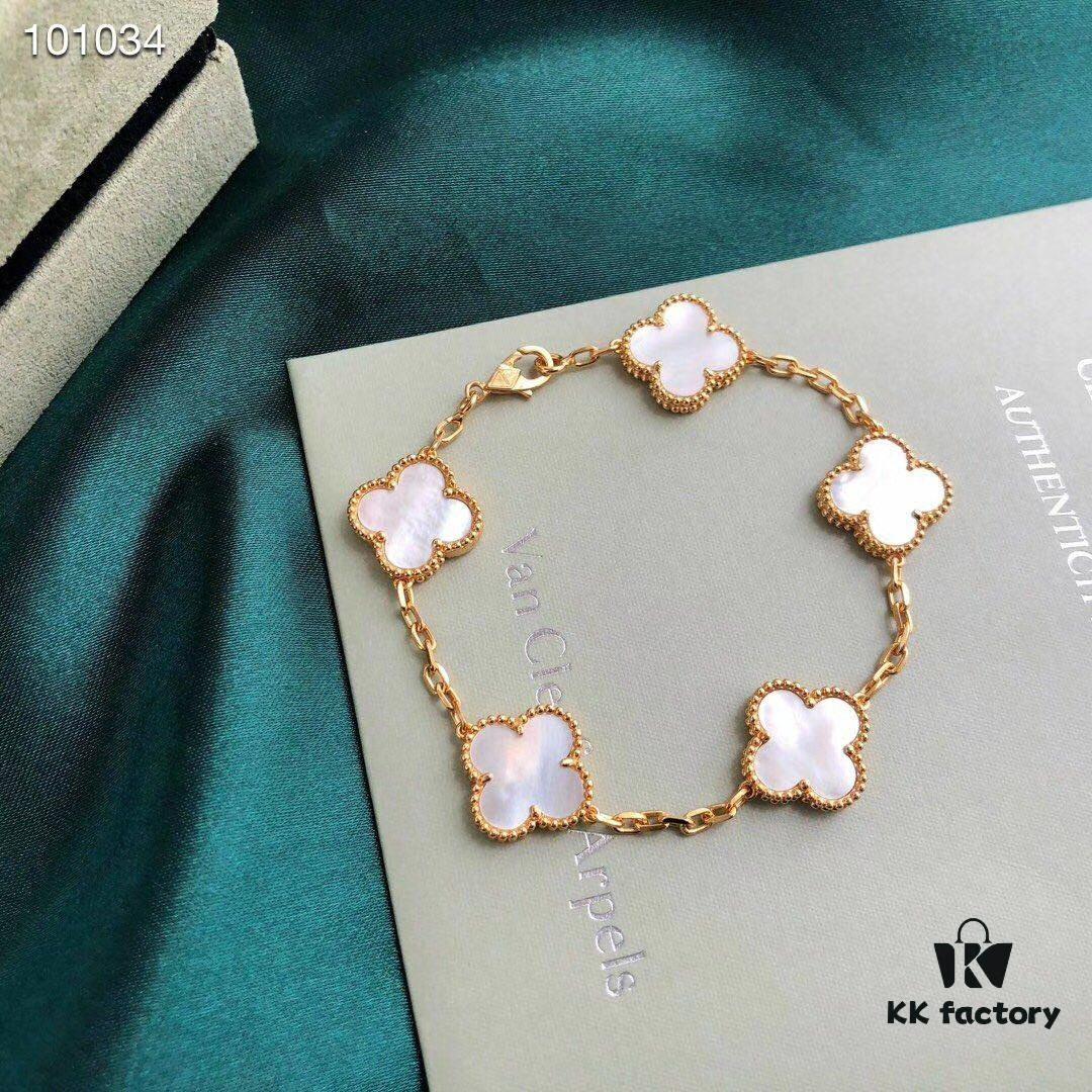 Van Cleef & Arpels VCA Four-Leaf Clover Five-Petal Bracelet, Highest Quality, Authentic Purchased Level! 925 Silver Plated with 18K Gold, Genuine Vacuum-Plated 18K Gold, Natural Mother-of-Pearl Inlay, Seamless Setting, Rhombus Clasp, Chain Length 16+1.5+1.5cm, Black Onyx, Red Agate, White Mother-of-Pearl, Complete K-Gold Style Packaging