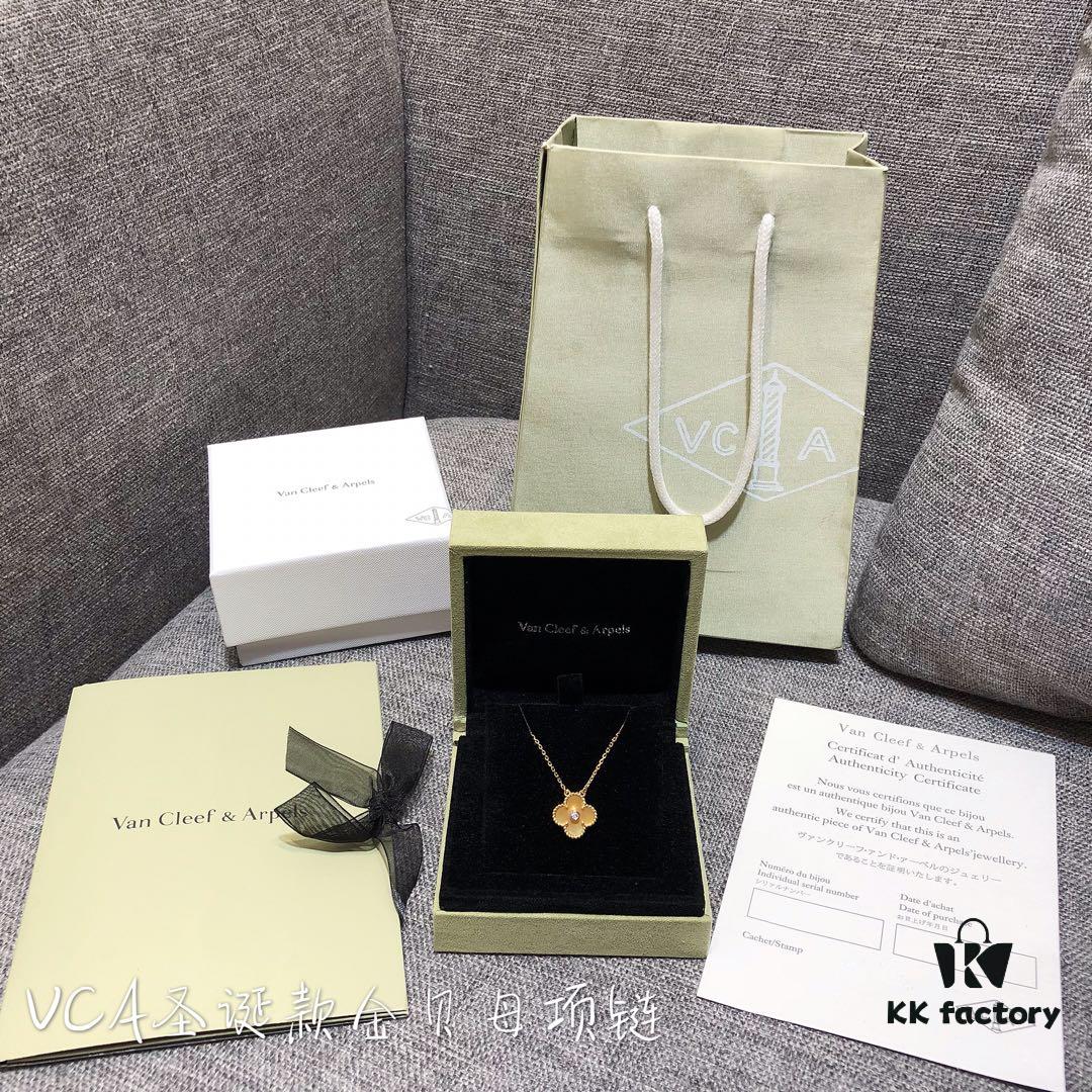 Van Cleef & Arpels Alhambra Clover Necklace with Natural Golden Mother-of-Pearl in Yellow Gold-Tone on Premium German Imported 925 Sterling Silver