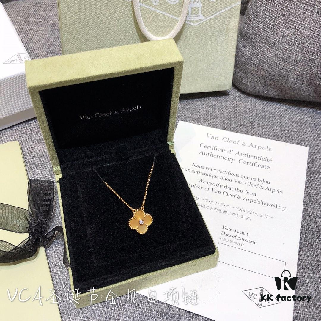 Van Cleef & Arpels Alhambra Clover Necklace with Natural Golden Mother-of-Pearl in Yellow Gold-Tone on Premium German Imported 925 Sterling Silver