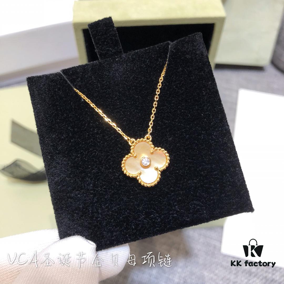 Van Cleef & Arpels Alhambra Clover Necklace with Natural Golden Mother-of-Pearl in Yellow Gold-Tone on Premium German Imported 925 Sterling Silver