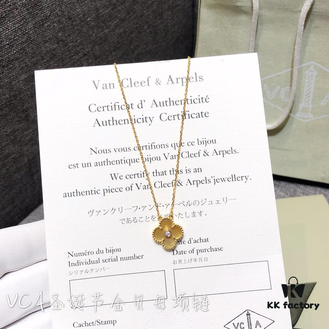 Van Cleef & Arpels Alhambra Clover Necklace with Natural Golden Mother-of-Pearl in Yellow Gold-Tone on Premium German Imported 925 Sterling Silver