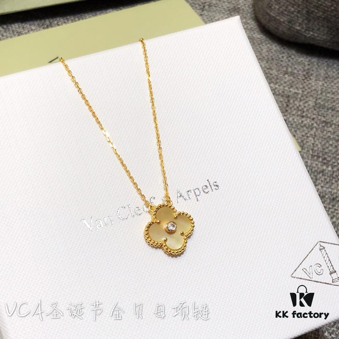Van Cleef & Arpels Alhambra Clover Necklace with Natural Golden Mother-of-Pearl in Yellow Gold-Tone on Premium German Imported 925 Sterling Silver