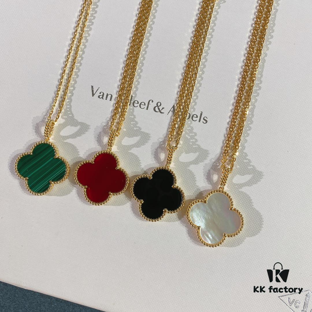 VCA Van Cleef & Arpels Large Four-Leaf Clover Necklace, Sweater Chain – Four Colors Available: Natural Malachite, Red Carnelian, Black Onyx, and White Mother of Pearl