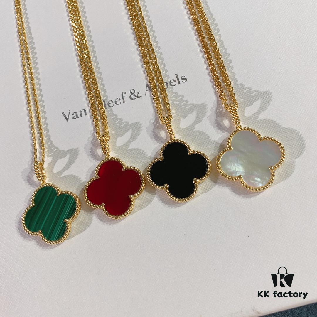 VCA Van Cleef & Arpels Large Four-Leaf Clover Necklace, Sweater Chain – Four Colors Available: Natural Malachite, Red Carnelian, Black Onyx, and White Mother of Pearl