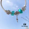 Pandora Mint Heart Key New Arrival! Mint Night-Glow Glass, Sparkling Daisy Bead, Full Diamond Clover Clasp, Heart Key Pendant, S925 Silver