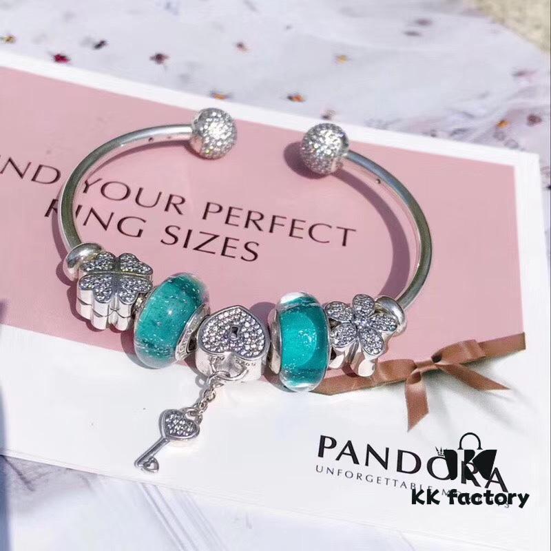 Pandora Mint Heart Key New Arrival! Mint Night-Glow Glass, Sparkling Daisy Bead, Full Diamond Clover Clasp, Heart Key Pendant, S925 Silver