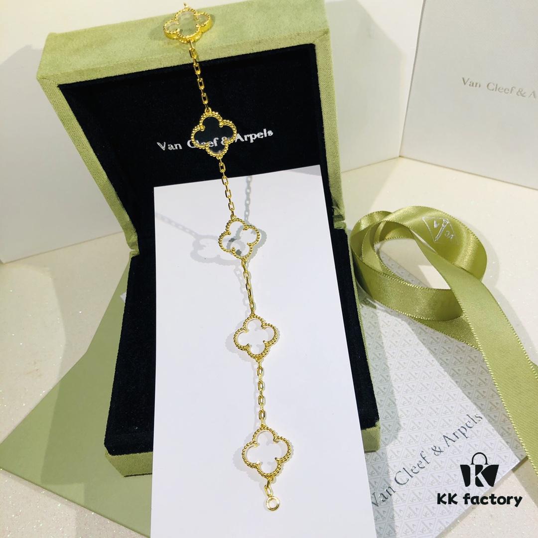 New Arrival Transparent White Shell Heart ❗️ Gold-Tone Chain. Authentic Purchased Genuine Item, Original Rhombus Clasp ❗️ Highest Quality Van Cleef & Arpels VCA Alhambra Clover 🍀 Five Motif Bracelet Made of High-End Custom 925 Sterling Silver with Thick Gold Plating, High-Definition Engraving, Latest Store Model with Authentic Rhombus ◇ Clasp