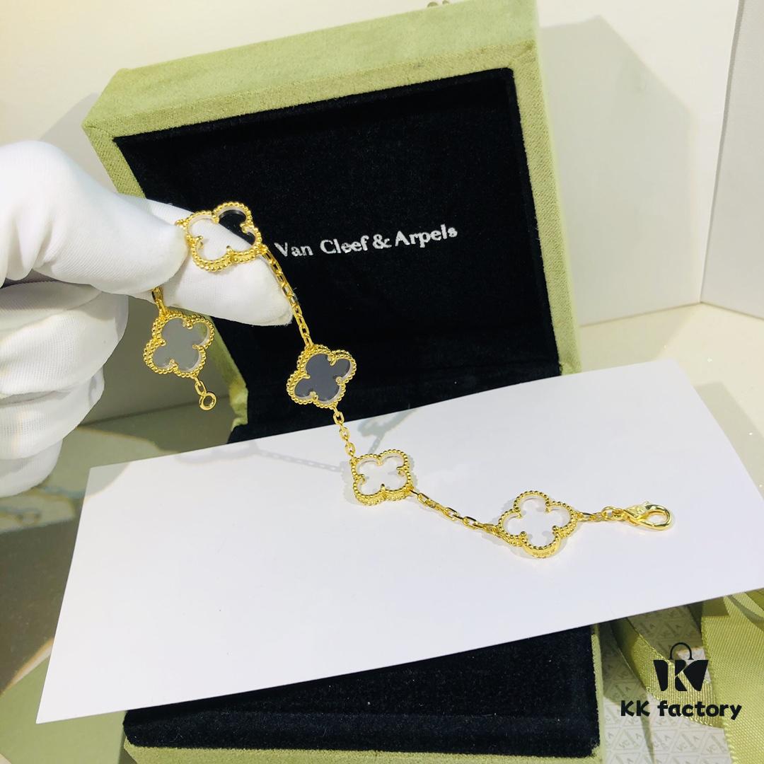 New Arrival Transparent White Shell Heart ❗️ Gold-Tone Chain. Authentic Purchased Genuine Item, Original Rhombus Clasp ❗️ Highest Quality Van Cleef & Arpels VCA Alhambra Clover 🍀 Five Motif Bracelet Made of High-End Custom 925 Sterling Silver with Thick Gold Plating, High-Definition Engraving, Latest Store Model with Authentic Rhombus ◇ Clasp