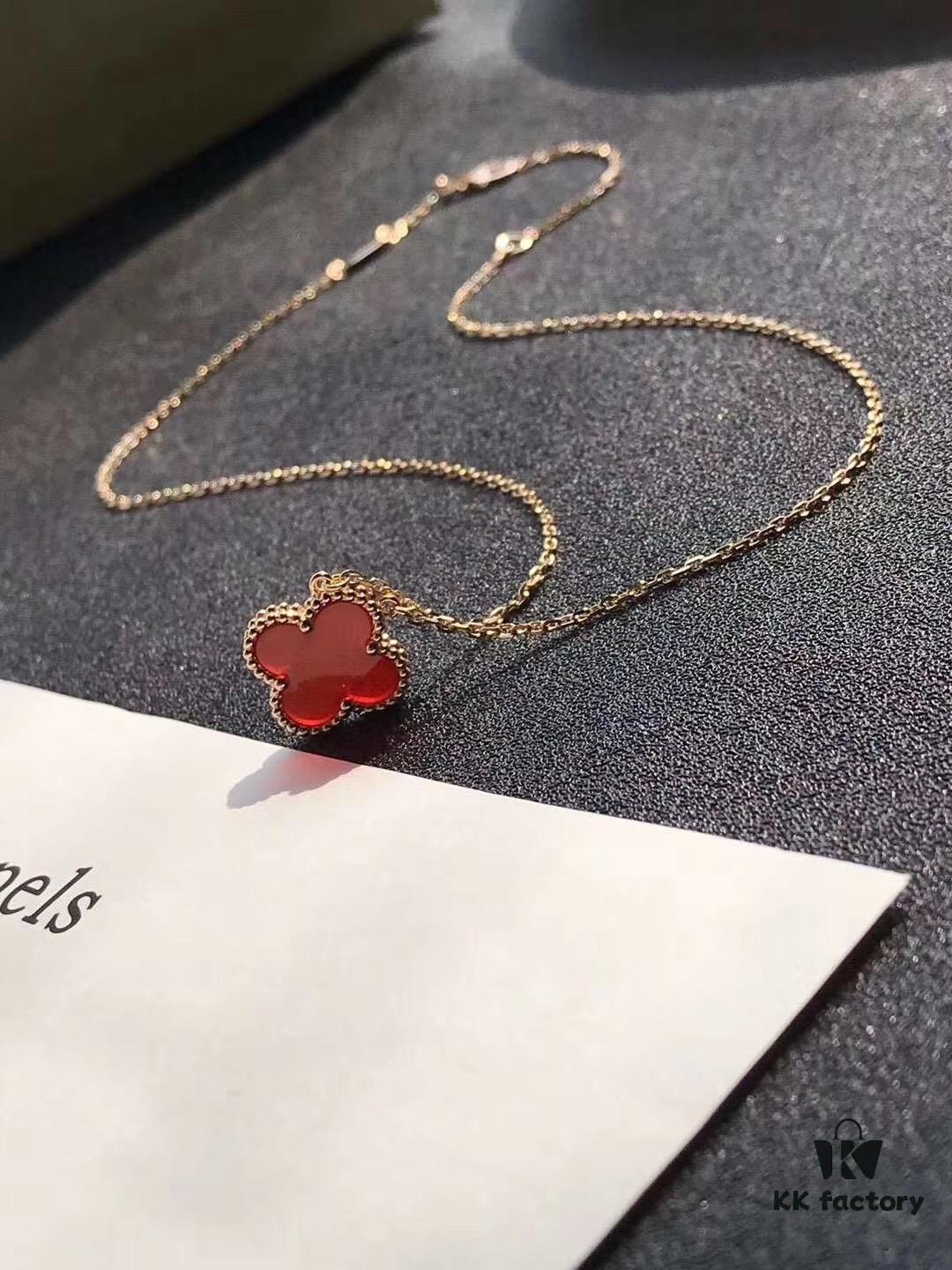 Van Cleef & Arpels VCA Single Flower Carnelian Necklace in Silver Plated with K-Gold