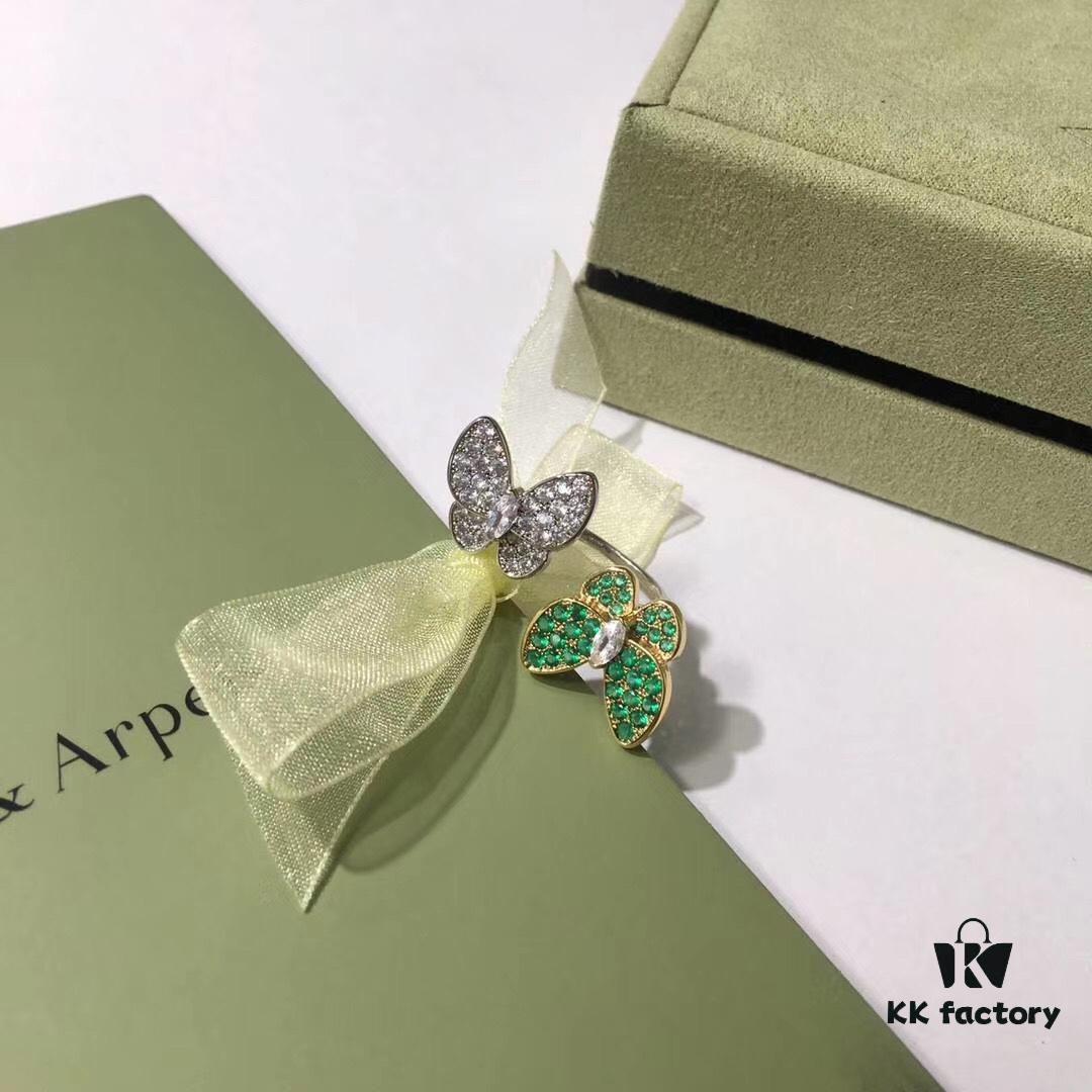 VCA White Diamond Colored Diamond Two-Tone Butterfly Open Ring 💍 Adjustable One-Size, Gold-Plated Pure Copper Material with Dual-Tone Electroplating Technique