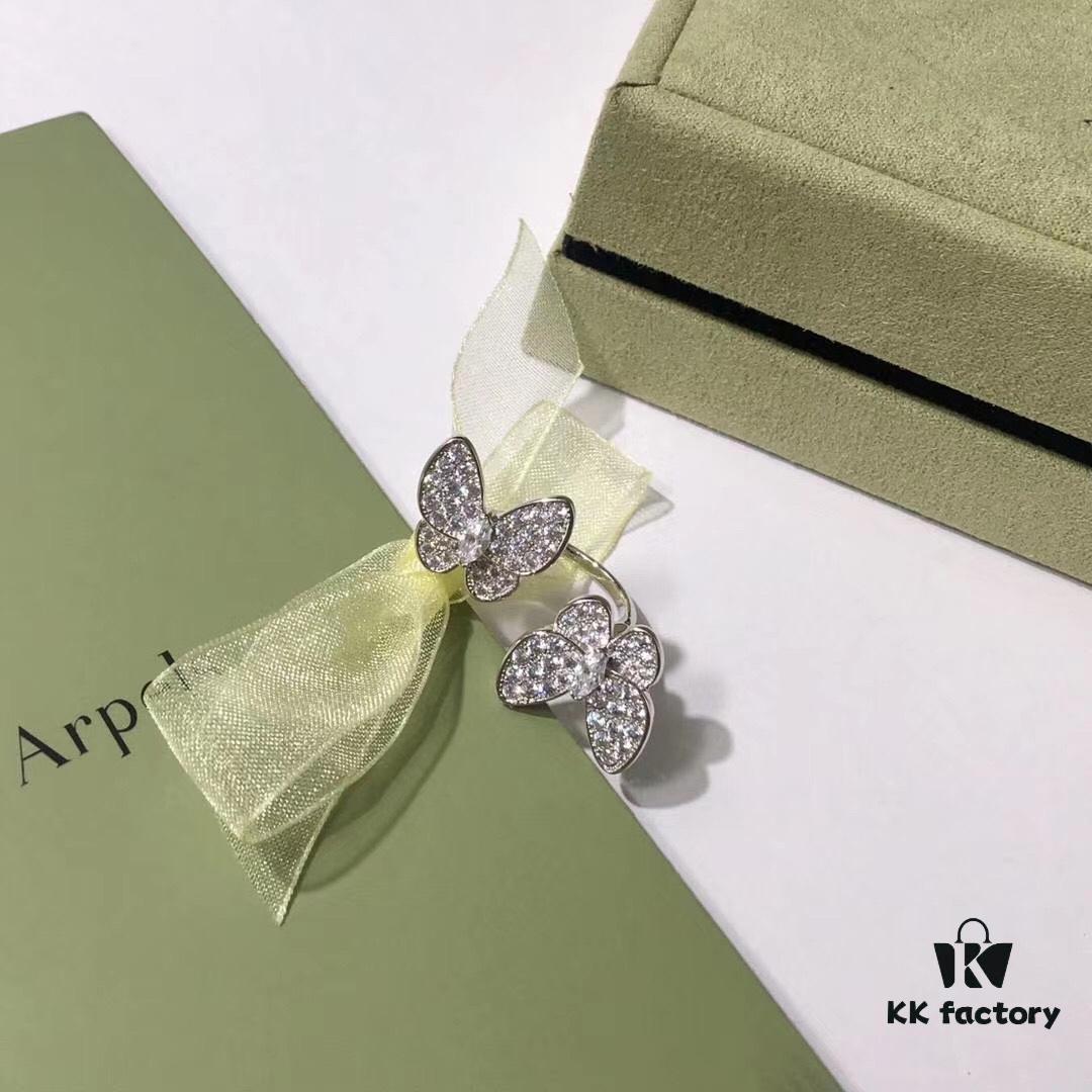 VCA White Diamond Colored Diamond Two-Tone Butterfly Open Ring 💍 Adjustable One-Size, Gold-Plated Pure Copper Material with Dual-Tone Electroplating Technique