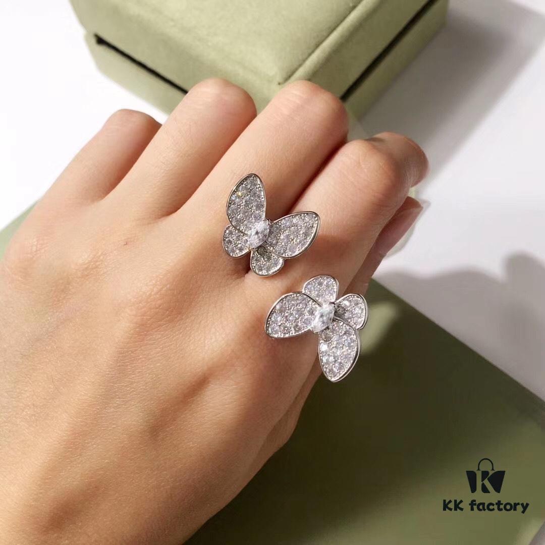 VCA White Diamond Colored Diamond Two-Tone Butterfly Open Ring 💍 Adjustable One-Size, Gold-Plated Pure Copper Material with Dual-Tone Electroplating Technique