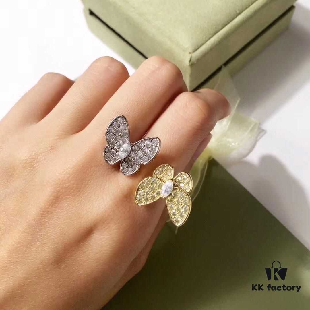 VCA White Diamond Colored Diamond Two-Tone Butterfly Open Ring 💍 Adjustable One-Size, Gold-Plated Pure Copper Material with Dual-Tone Electroplating Technique