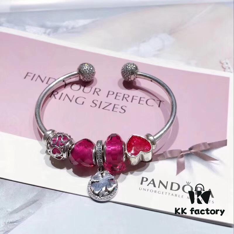 Pandora Enamel Clover Pendant with Sparkling Diamond Bracelet in Passionate Rose Red - New Arrival
