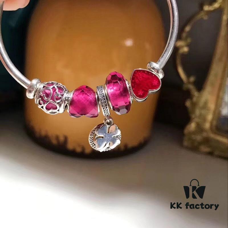 Pandora Enamel Clover Pendant with Sparkling Diamond Bracelet in Passionate Rose Red - New Arrival