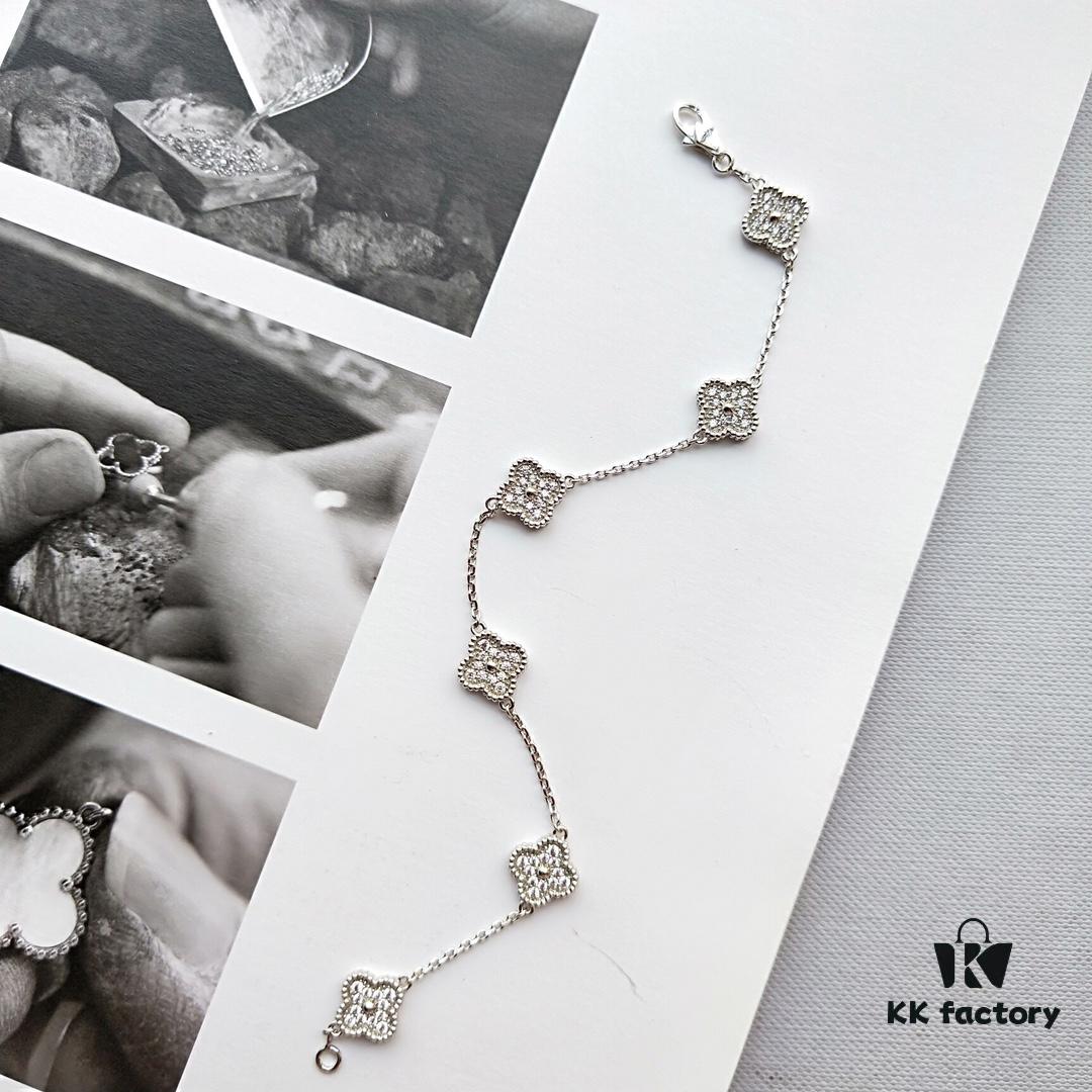 Mini Four-Leaf Clover Full Diamond Bracelet and Necklace in V-Gold and Silver, Single Flower and Six-Flower Designs Available