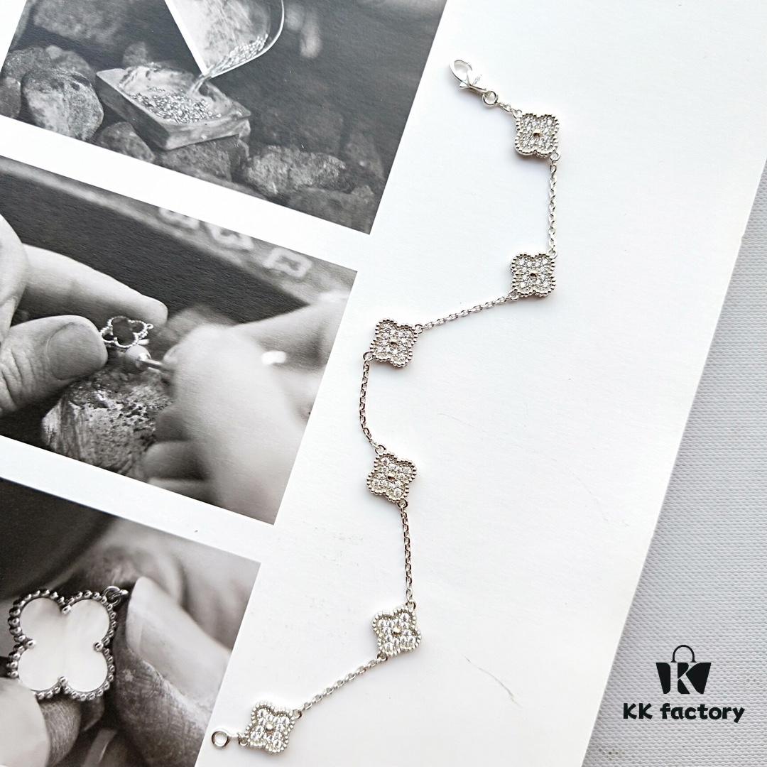 Mini Four-Leaf Clover Full Diamond Bracelet and Necklace in V-Gold and Silver, Single Flower and Six-Flower Designs Available