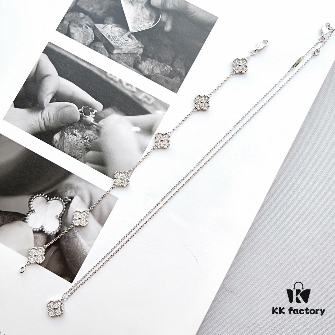 Mini Four-Leaf Clover Full Diamond Bracelet and Necklace in V-Gold and Silver, Single Flower and Six-Flower Designs Available