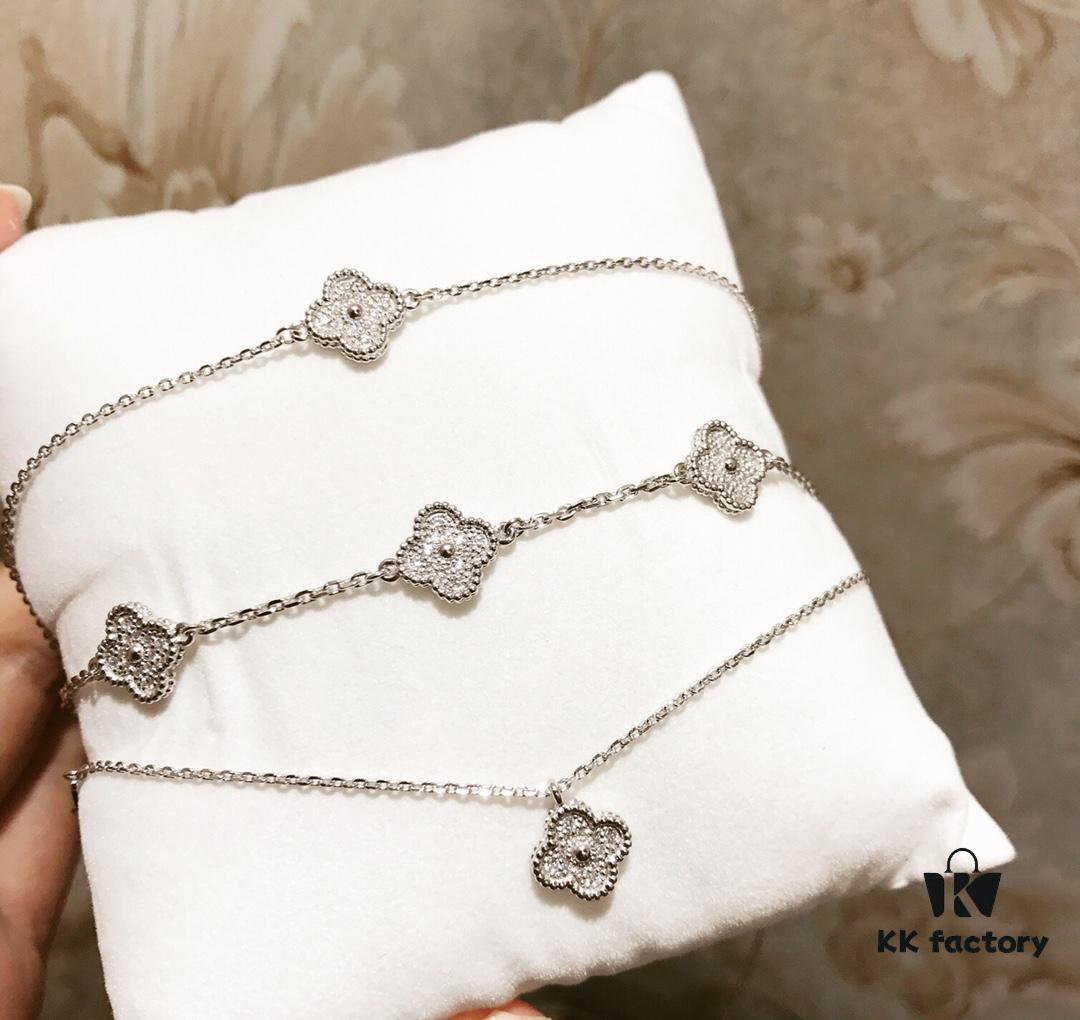 Mini Four-Leaf Clover Full Diamond Bracelet and Necklace in V-Gold and Silver, Single Flower and Six-Flower Designs Available