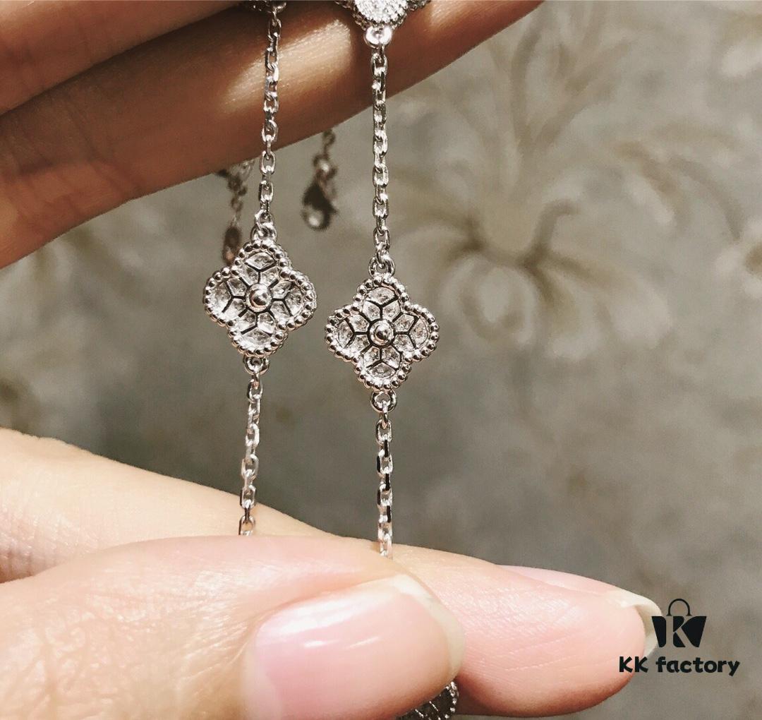 Mini Four-Leaf Clover Full Diamond Bracelet and Necklace in V-Gold and Silver, Single Flower and Six-Flower Designs Available